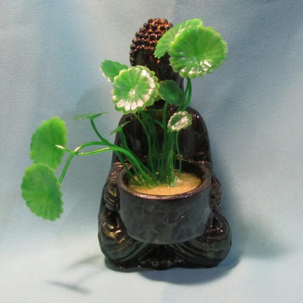 Aquarium Decoration - Green and Gold Buddha with Artificial Plant